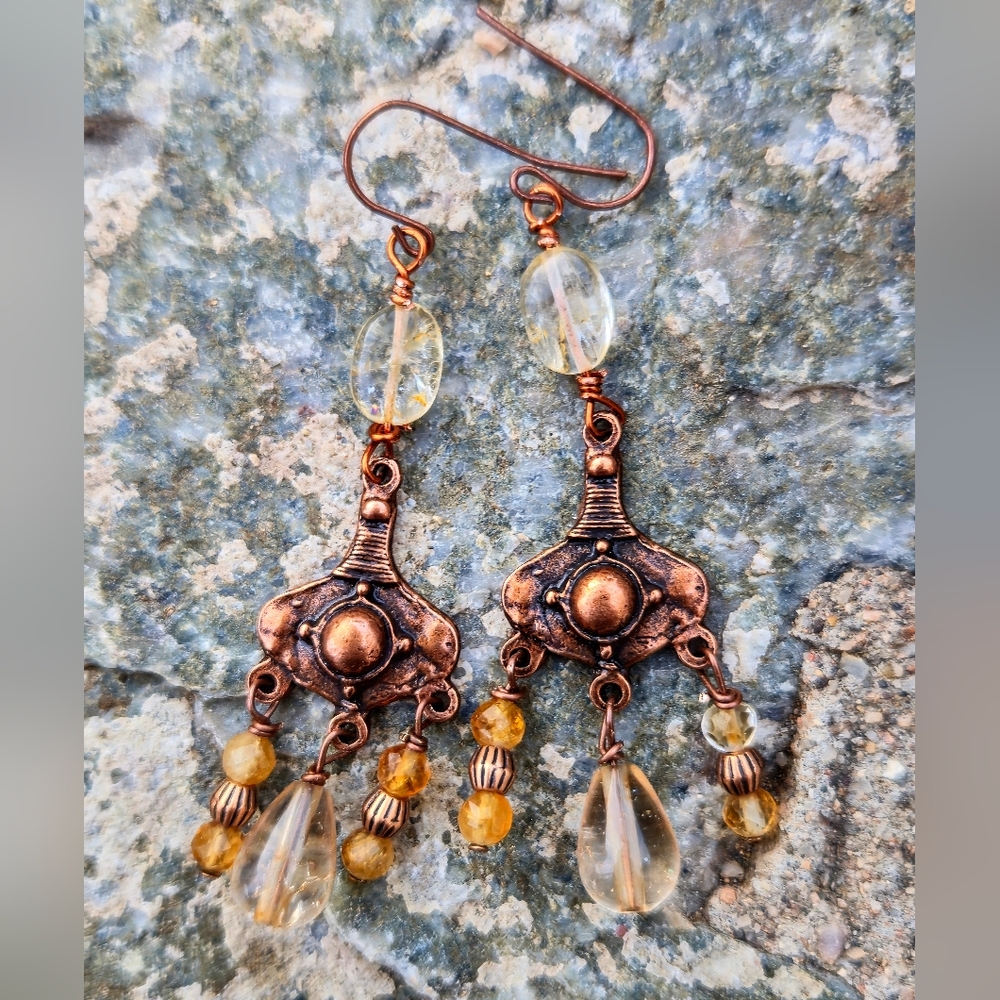 Genuine Citrine In Weathered Antique Copper Dangle Earrings For Etruscan Queen
